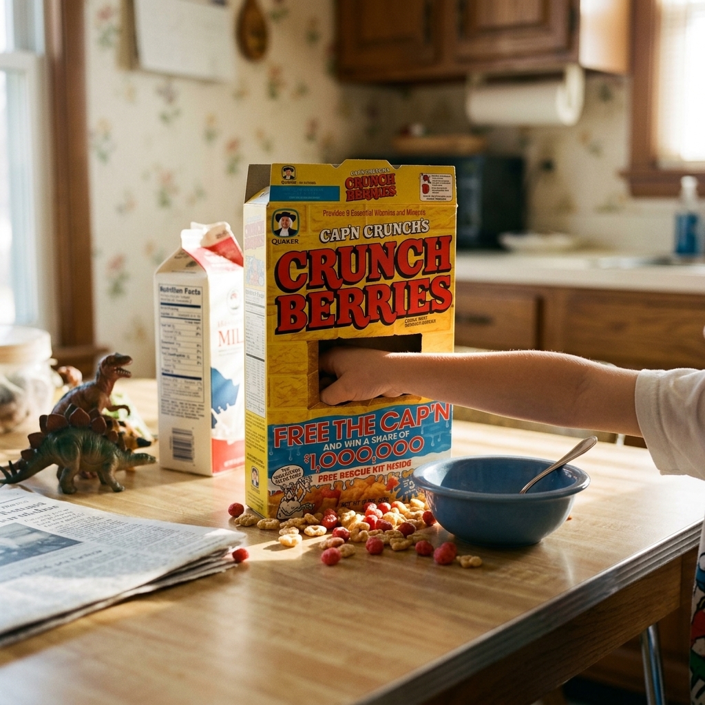 A kid's arm elbow-deep in a Cap'n Crunch box digging for the prize