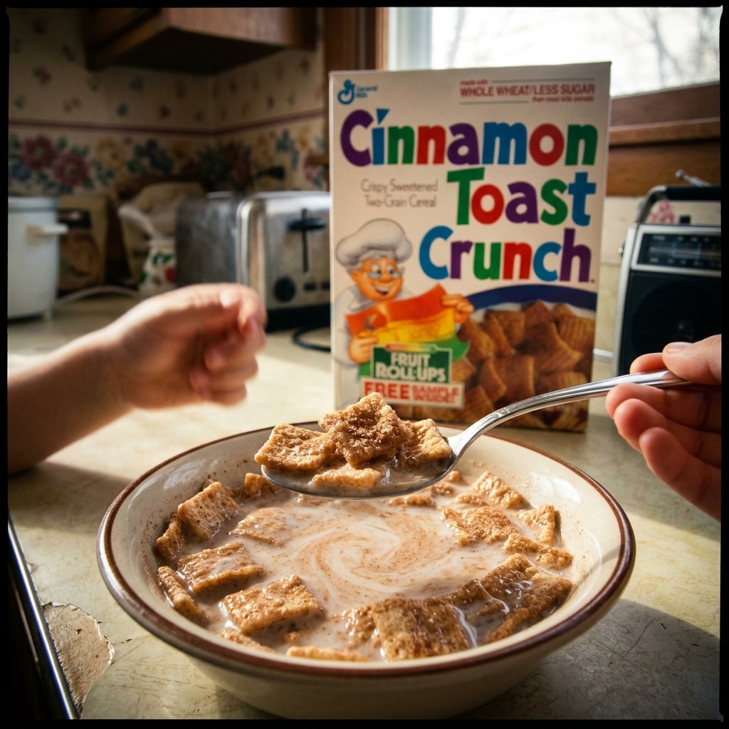 A spoon lifting from a bowl of Cinnamon Toast Crunch with cinnamon-swirled milk