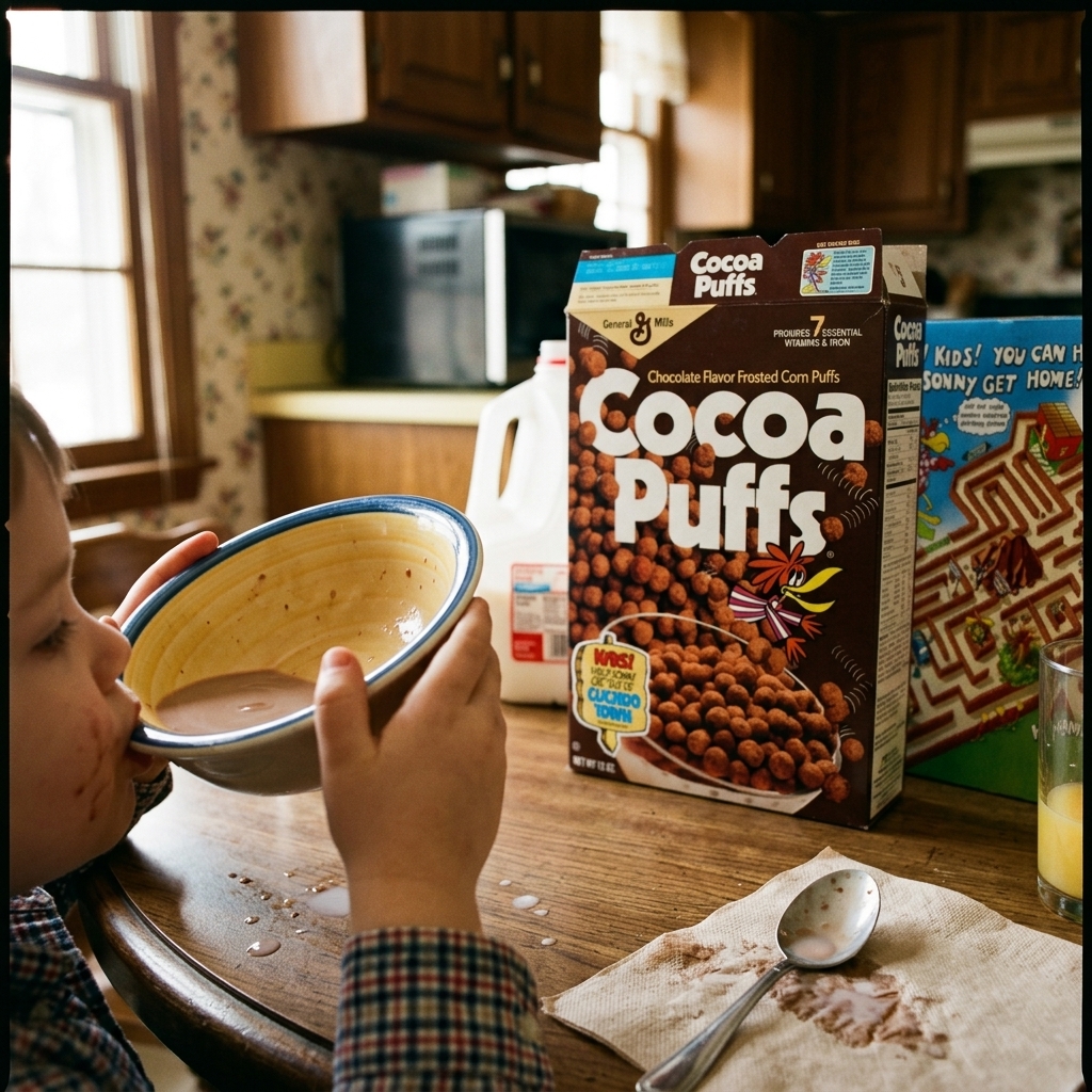Drinking the chocolate milk from the bottom of a Cocoa Puffs bowl