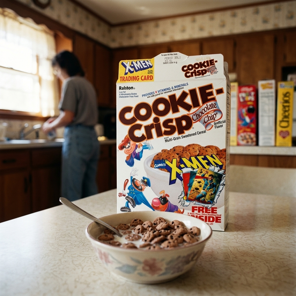 A bowl of cookie-shaped Cookie Crisp cereal in milk at a 90s breakfast table