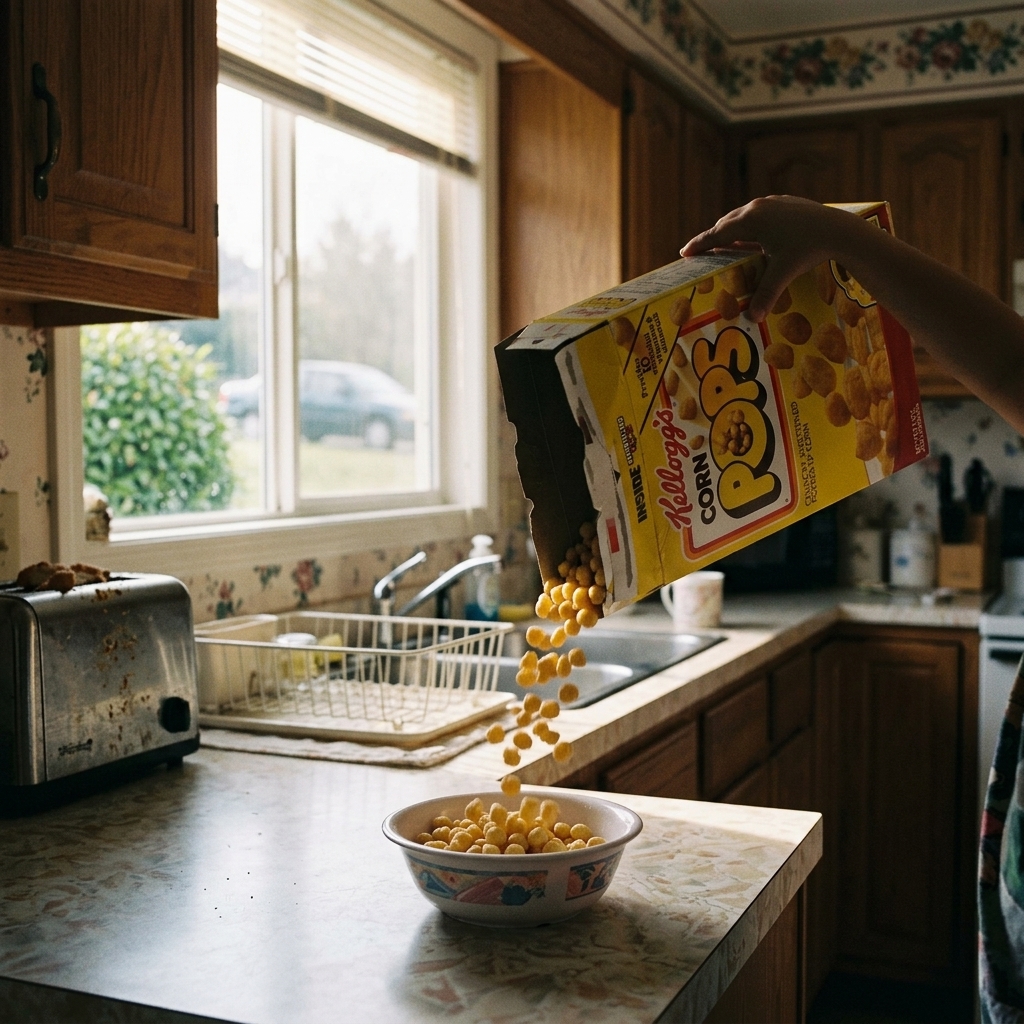 Pouring Corn Pops from the foil bag inside the yellow box