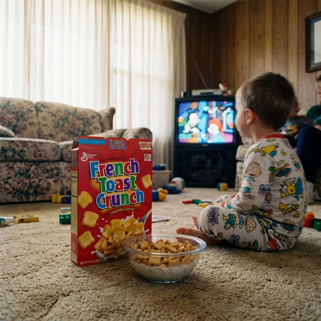 A bowl of French Toast Crunch on the living room carpet in front of Saturday morning cartoons