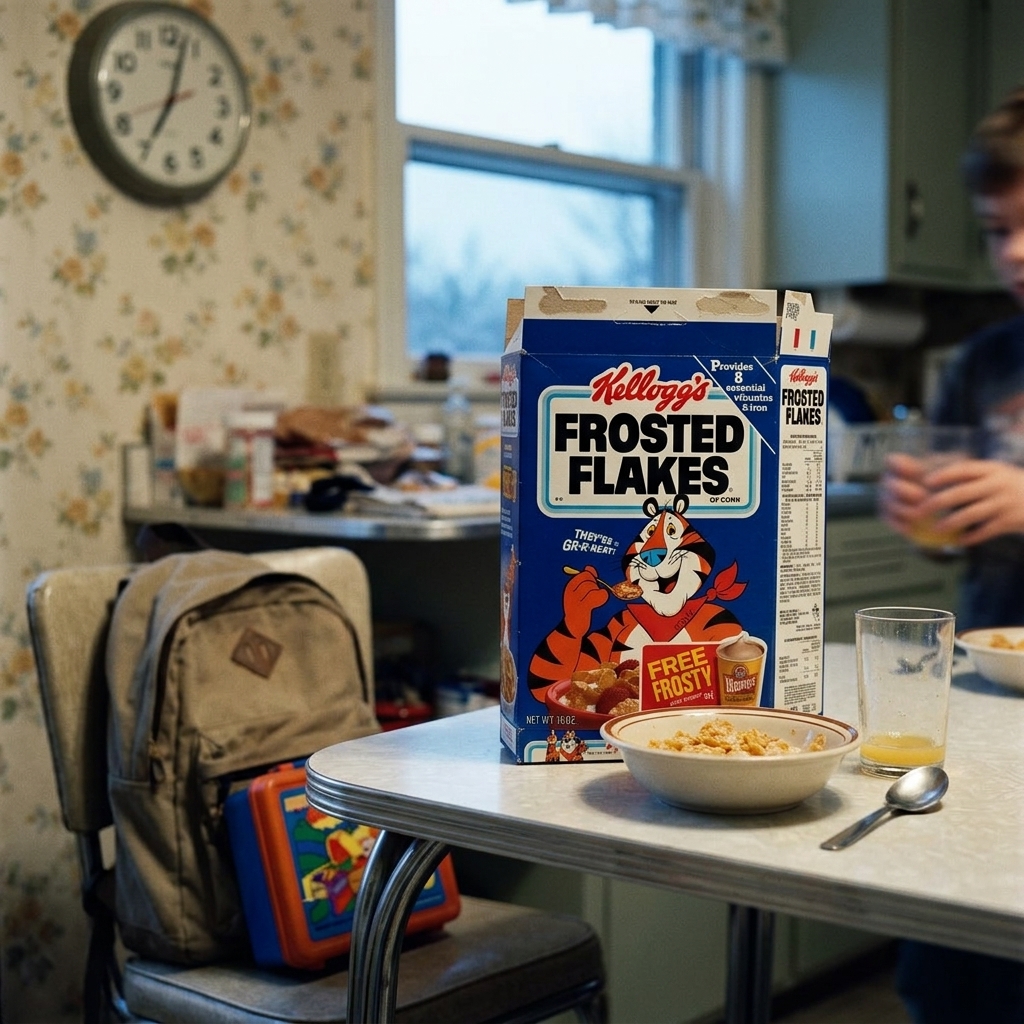 A box of Frosted Flakes on a weekday school morning kitchen table