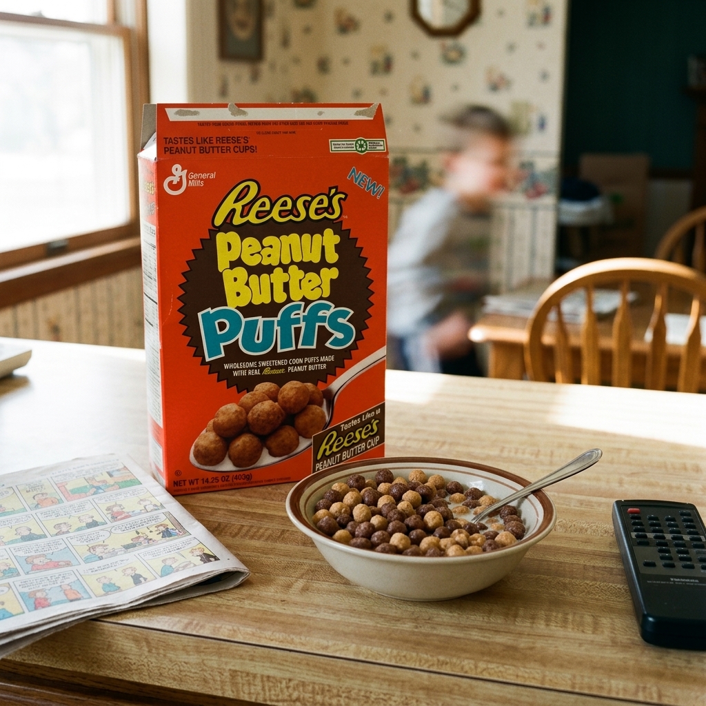 A bowl of two-tone Reese's Puffs in mid-morning light