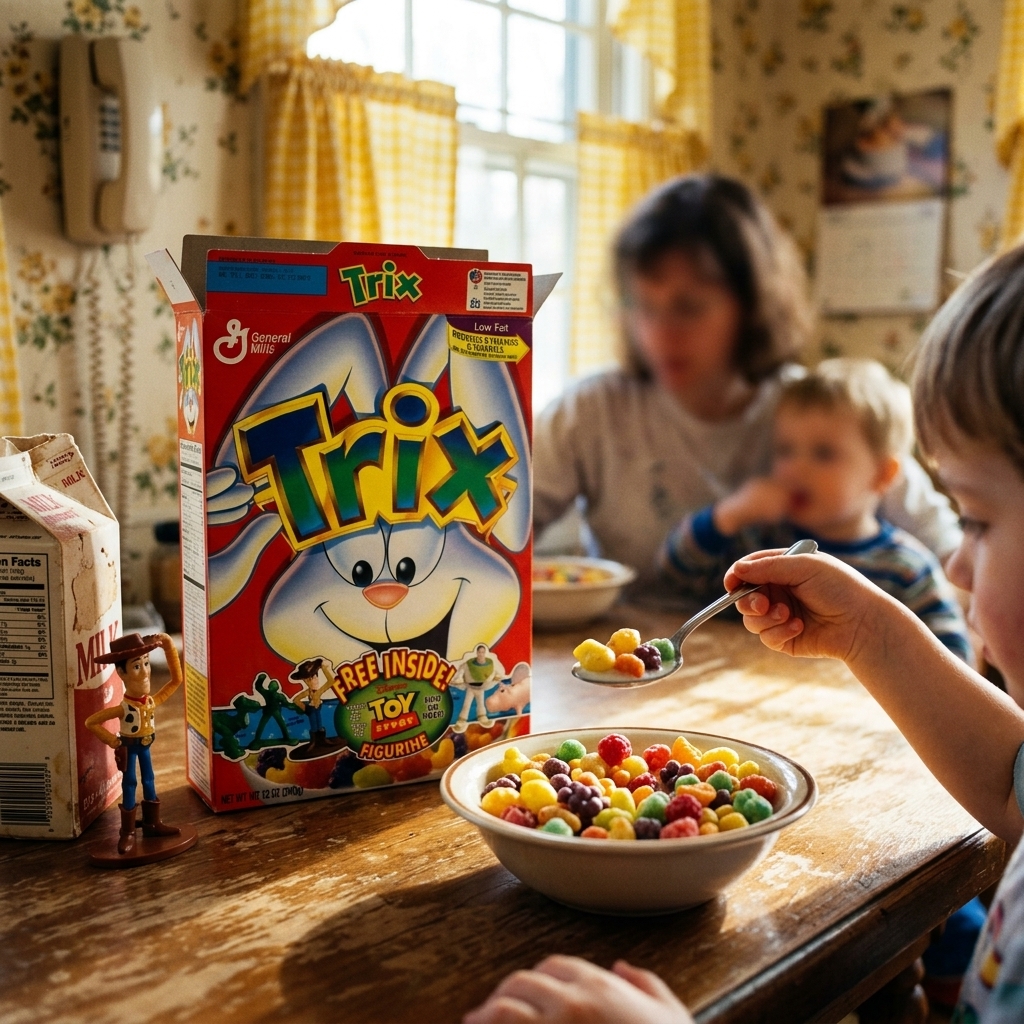A bowl of fruit-shaped Trix pieces in milk with the box beside it