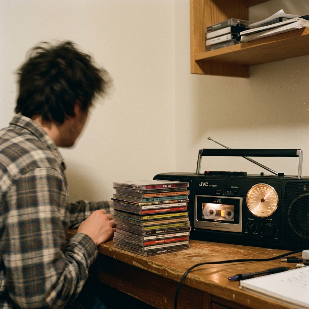 A stack of CDs next to a boombox with a tape rolling, FM dial lit