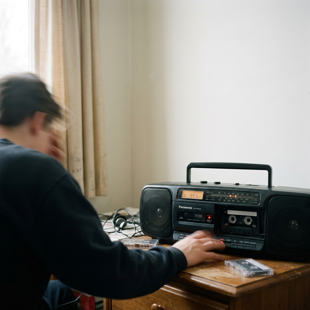 A radio DJ's mouth on the boombox display while the song's intro plays underneath