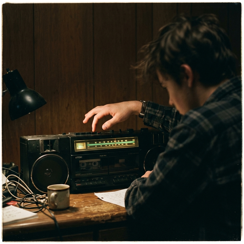 A finger hovered over the pause button of a 1990s dual-cassette boombox, radio dial glowing