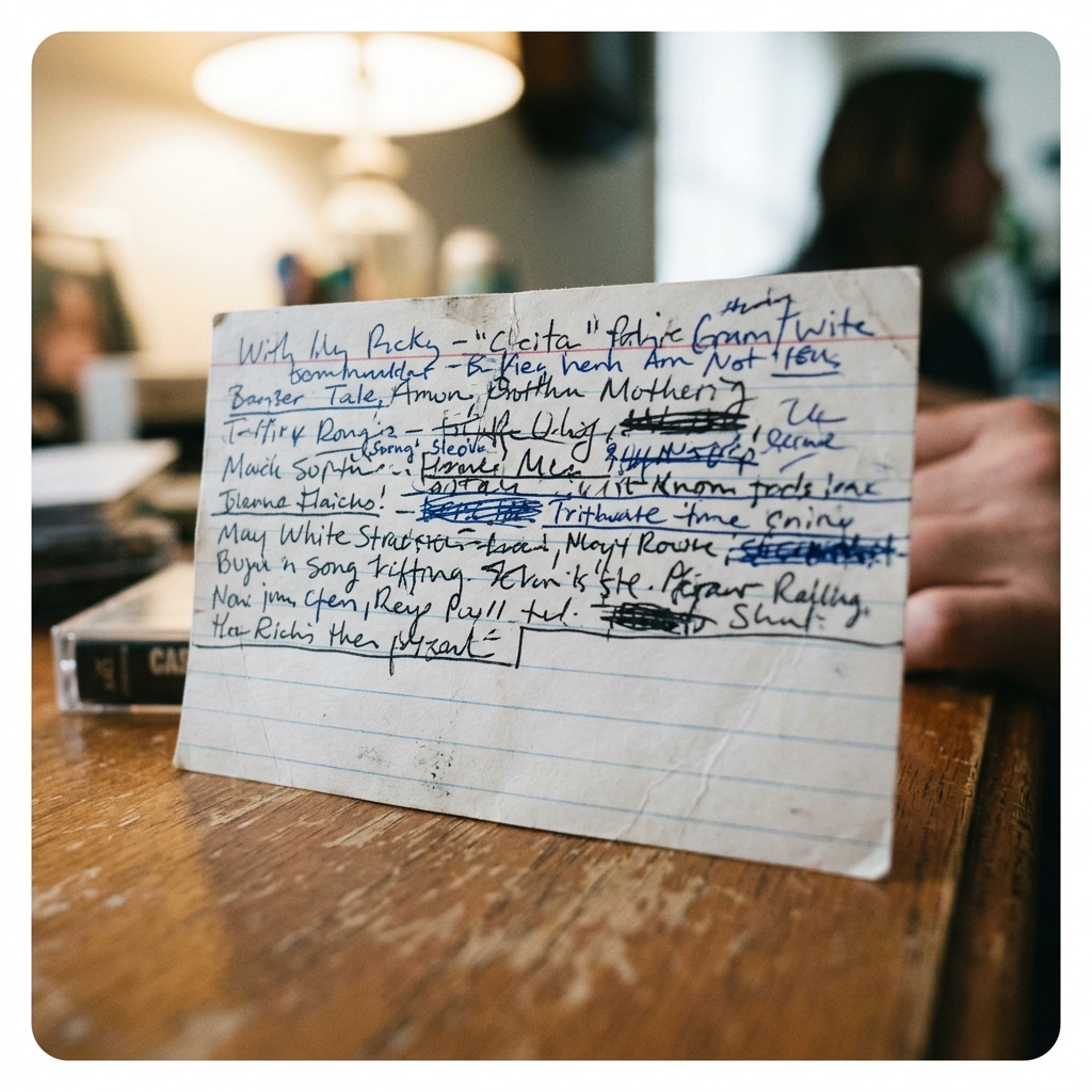 A J-card tracklist with a blank space at the bottom of Side B, no final song listed