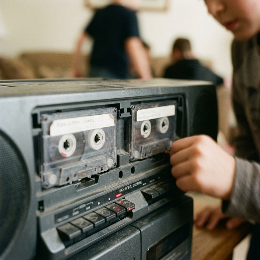 A dual cassette deck with high-speed dub button lit and two tapes spinning