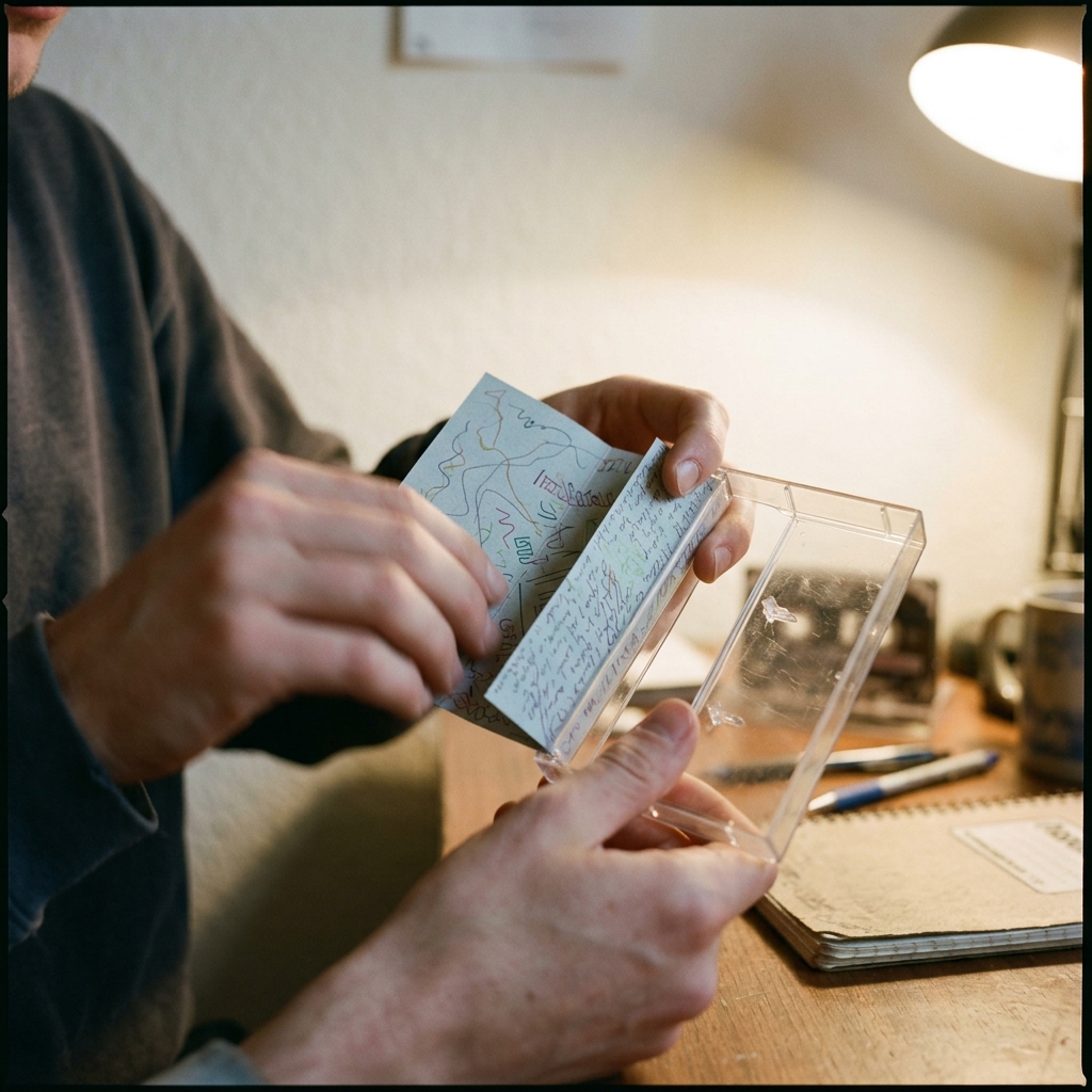 A handwritten J-card with decorated margins being folded into a cassette case