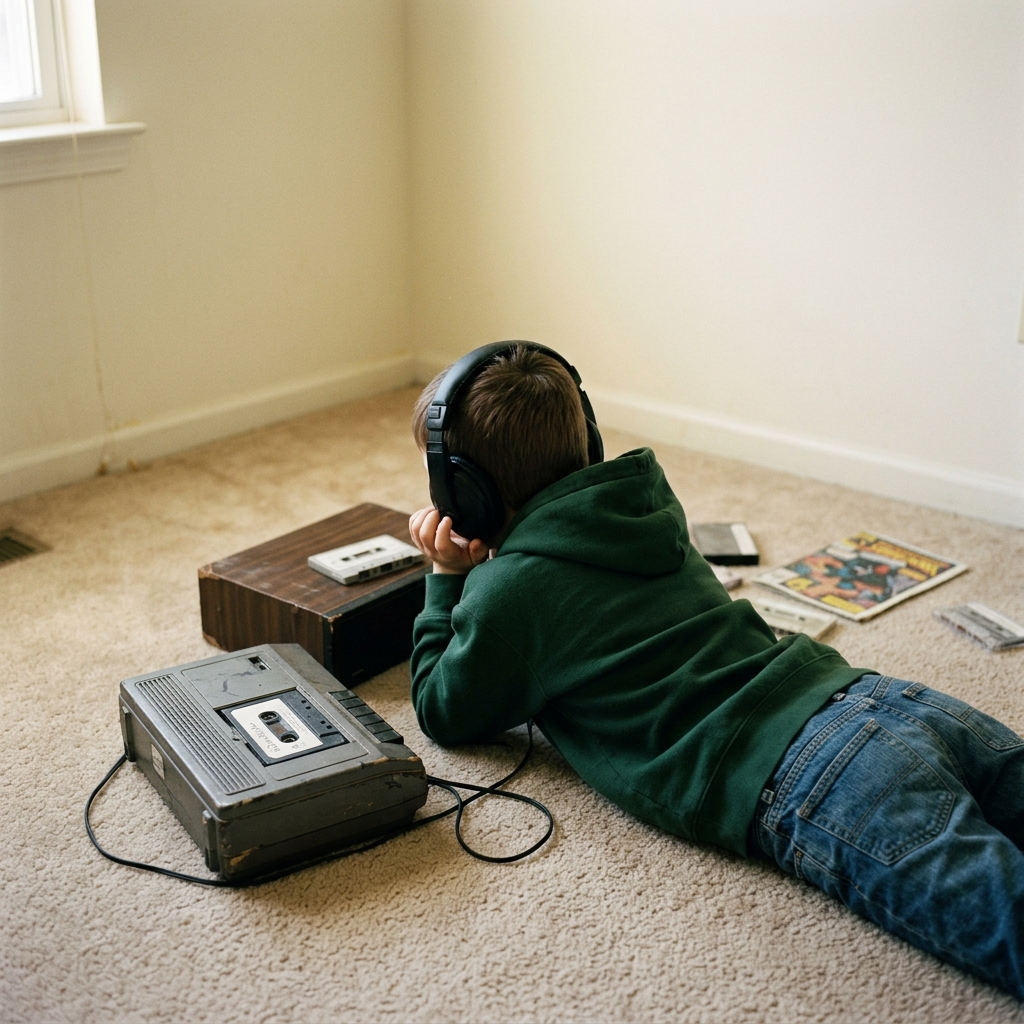 A kid lying on a bedroom floor with headphones, eyes closed, tape playing