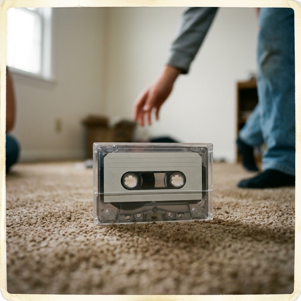 A Maxell XLII blank cassette tape in its case on a bedroom carpet