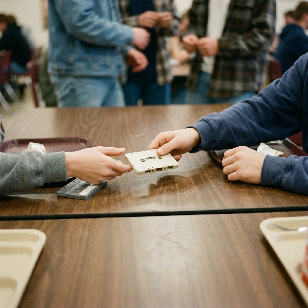 A cassette being slid across a school cafeteria table toward another hand