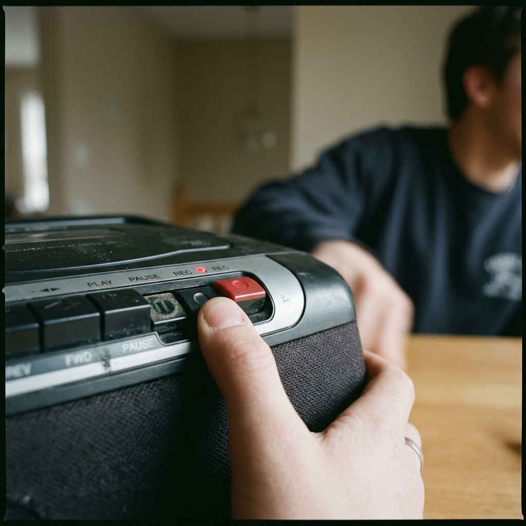 A boombox's pause button held down between two song recordings