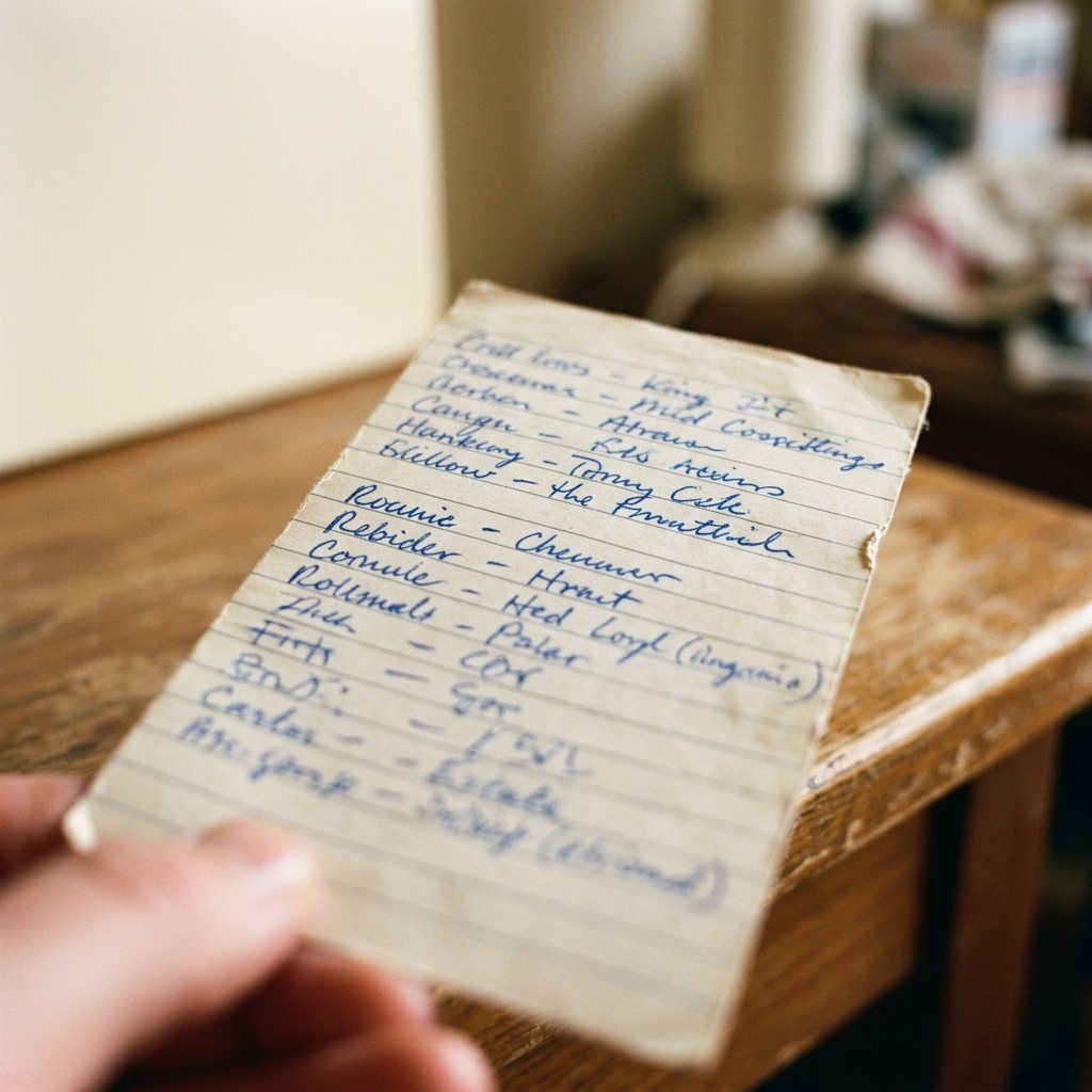 A handwritten tracklist with one song per artist, no repeats