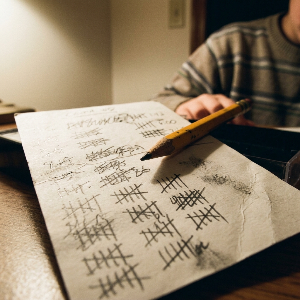 A handwritten tracklist with song times being added up in pencil margins