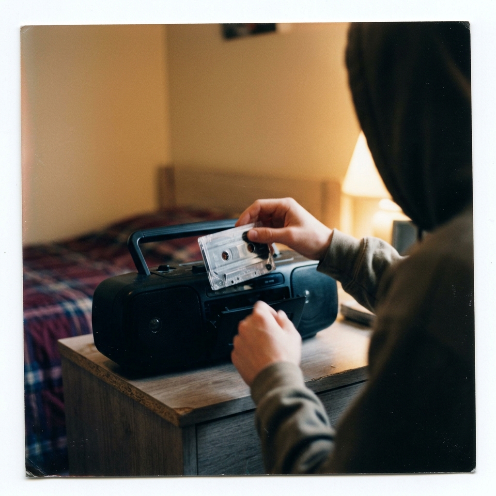 A cassette mid-flip in a hand above an open tape deck