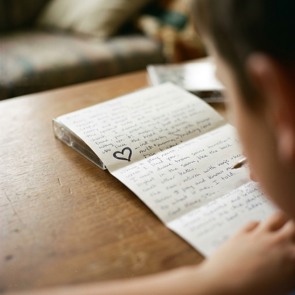 A handwritten tracklist with track 4 marked with a small drawn heart in pen