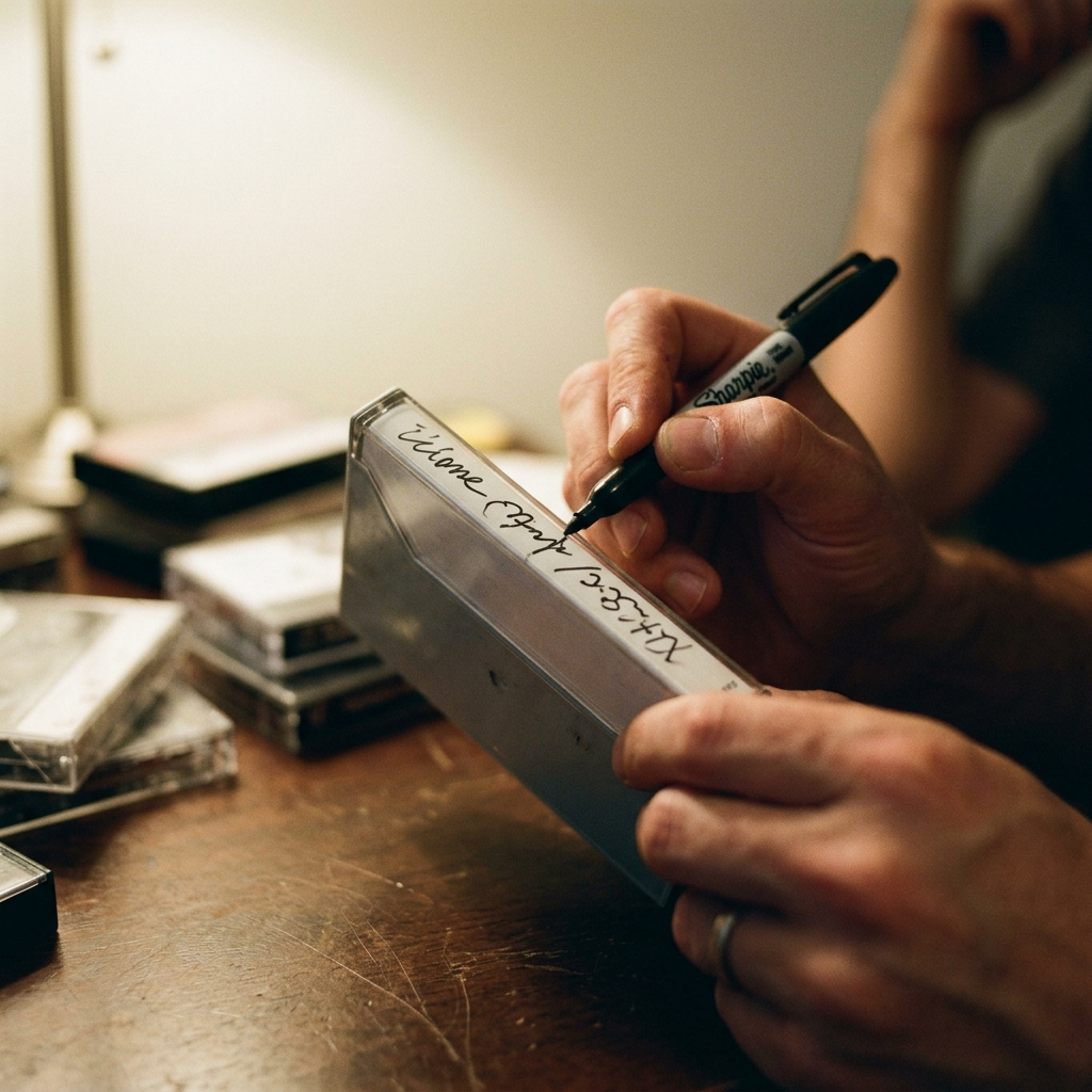 A cassette spine being labeled in black Sharpie on a bedroom desk