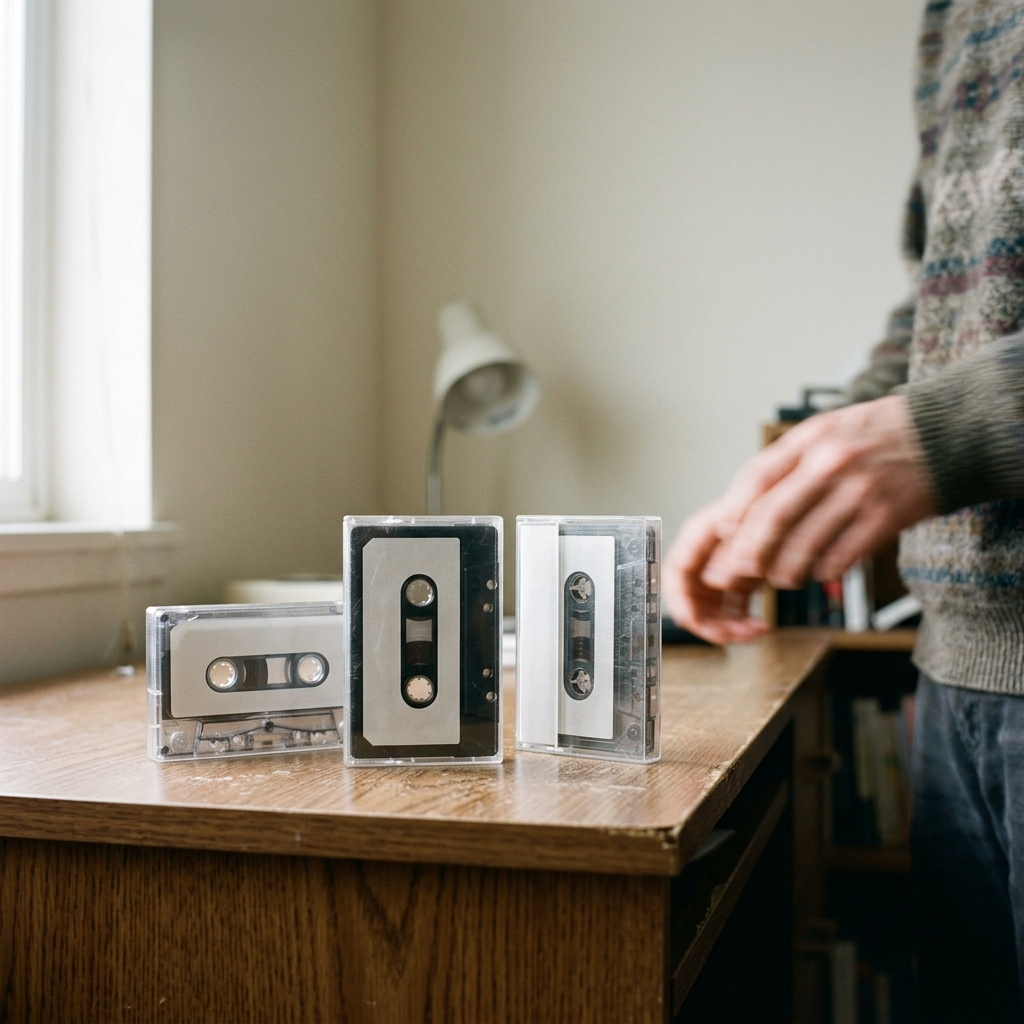 Three blank Maxell cassettes — 60, 90, and 120 minute — on a bedroom desk