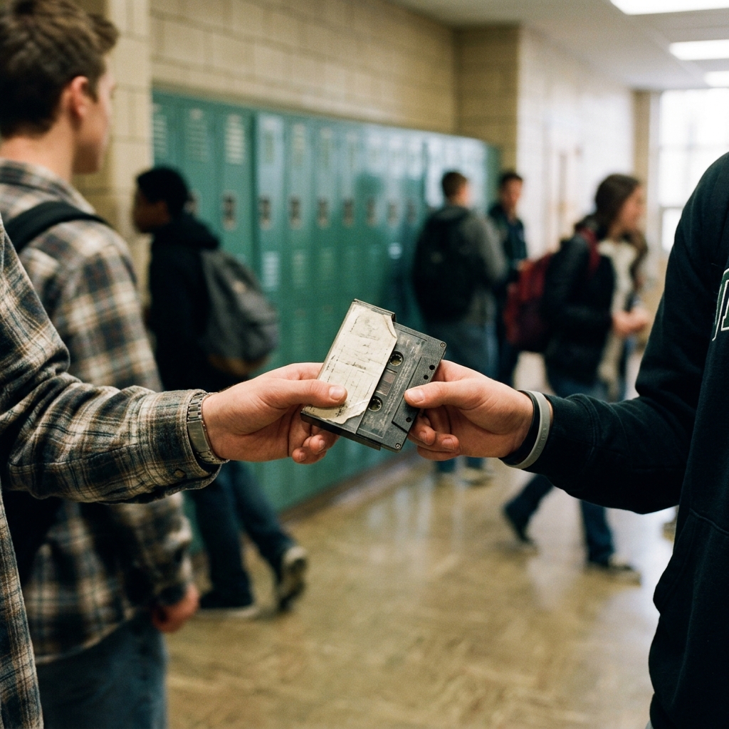 A cassette being handed back in a school hallway, J-card slightly creased