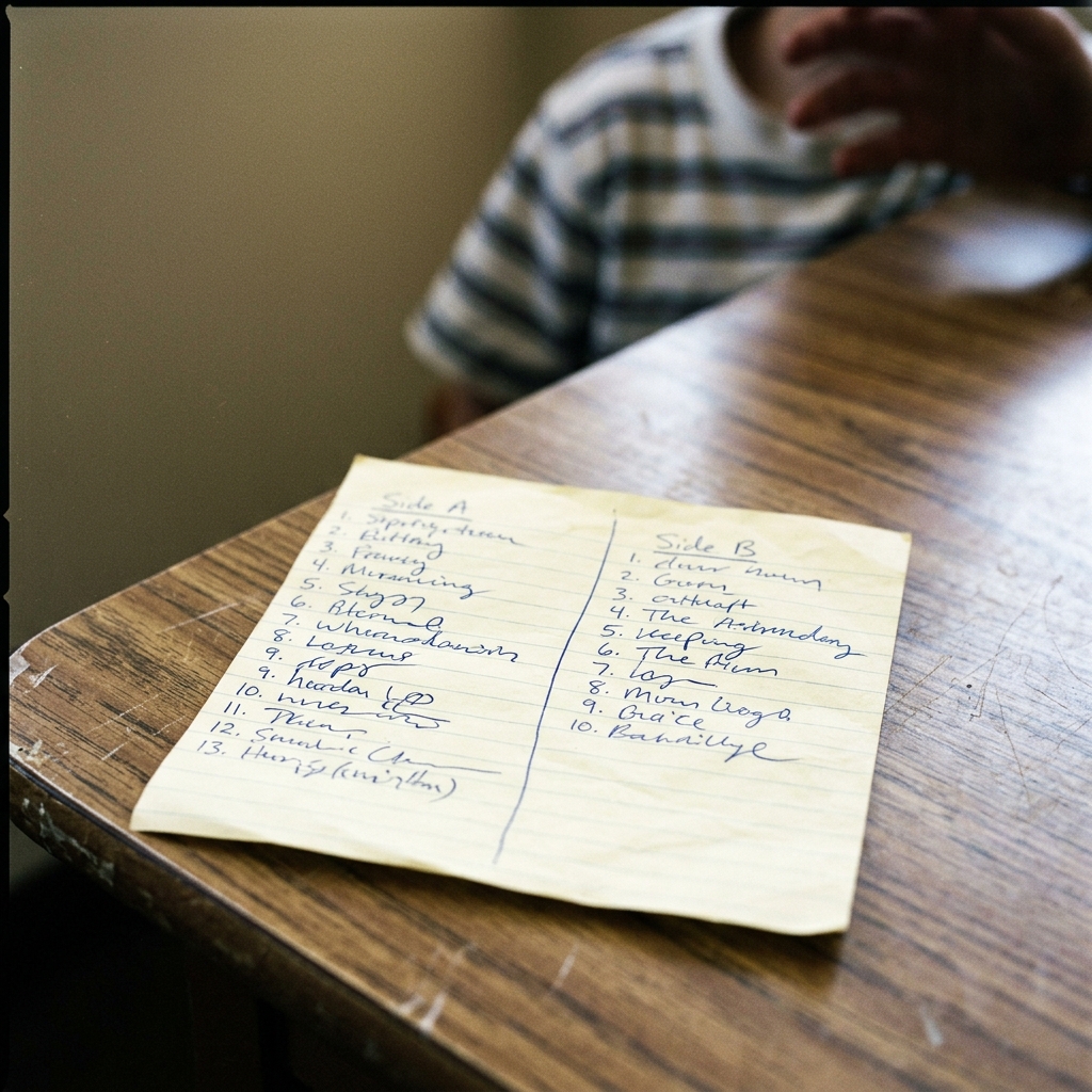 A close shot of a handwritten tracklist with Side A and Side B clearly divided