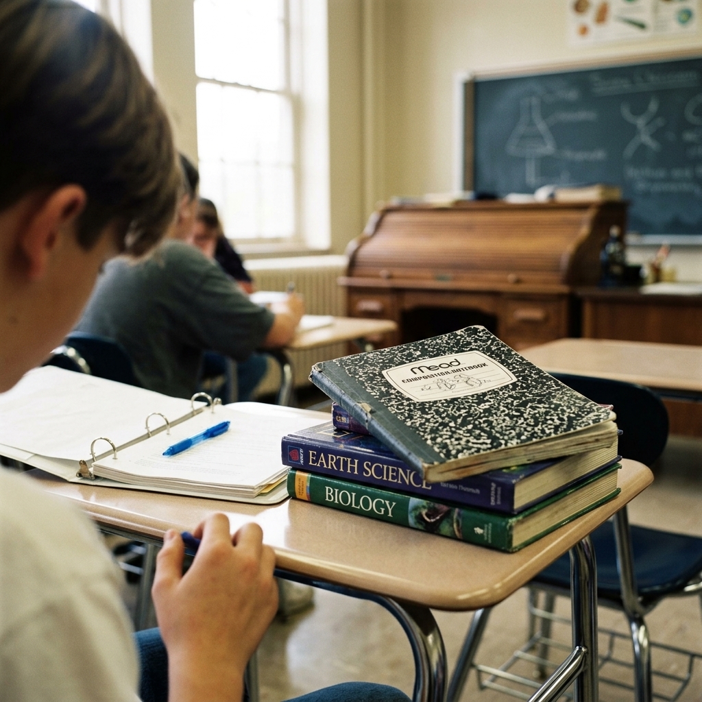 A Mead Composition Notebook with marble cover on a science classroom desk