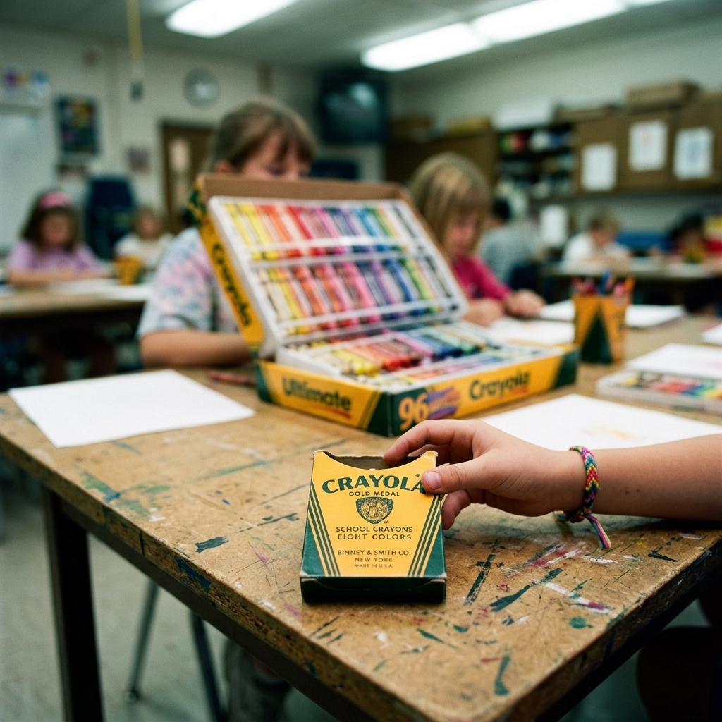 A small 8-count Crayola crayon box on an art-class table next to a 96-count box