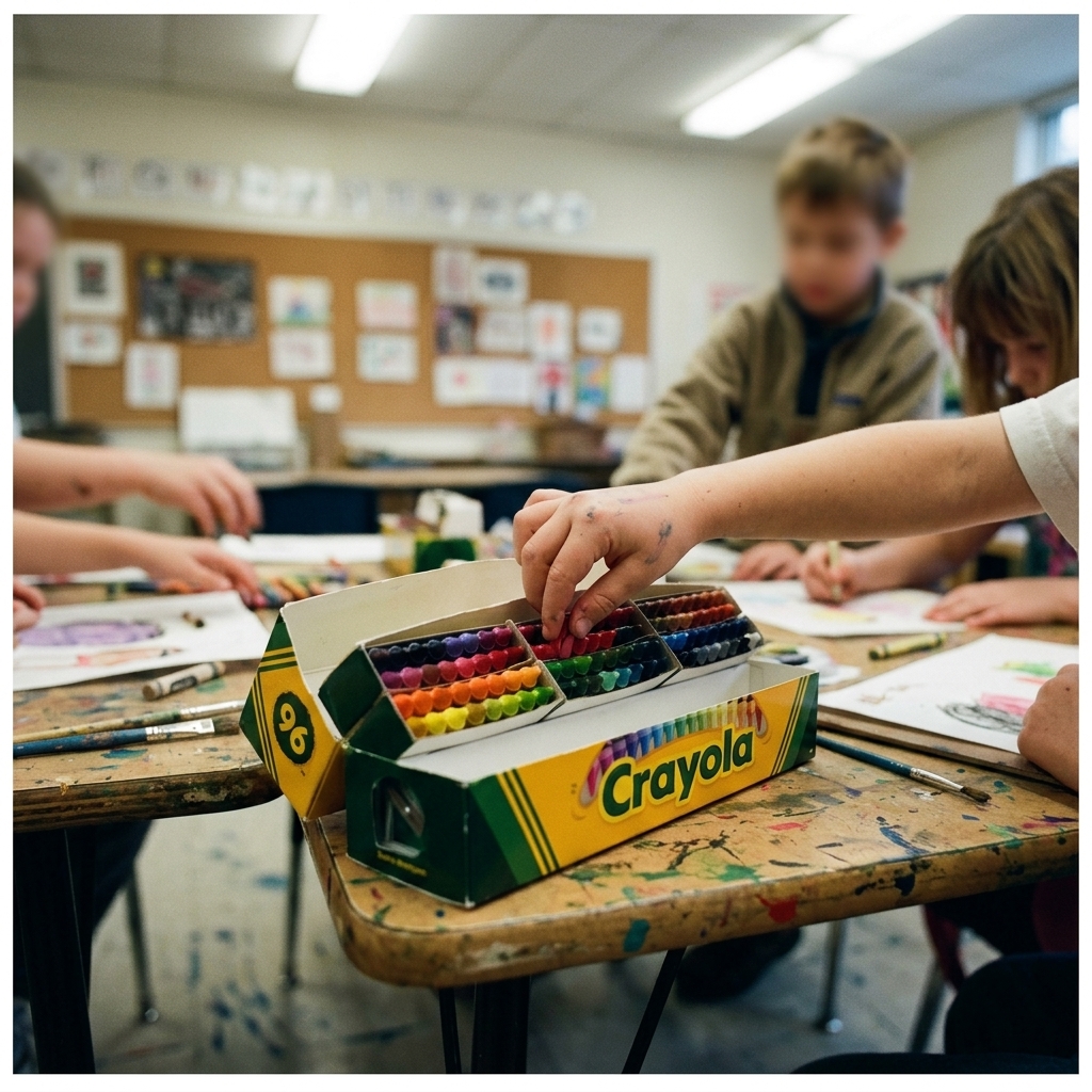 An open Crayola 96-count crayon box on an art-class table with all colors visible
