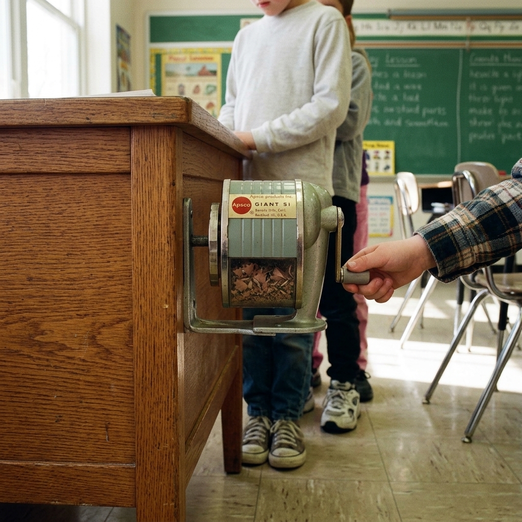 A clamp-on hand-crank pencil sharpener bolted to a wooden desk with kids queuing