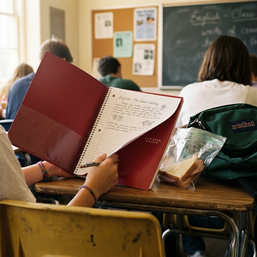 A Mead Five Star spiral-bound notebook open on a 90s English classroom desk