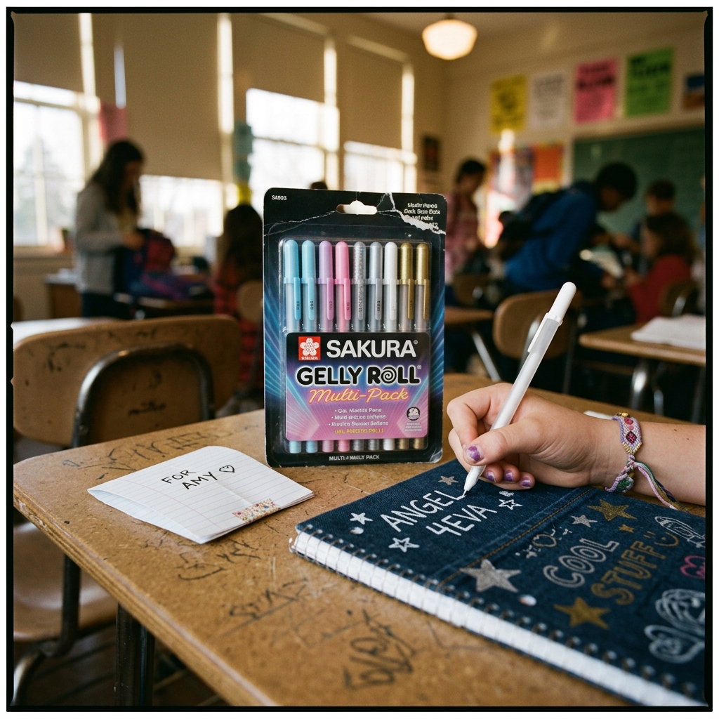 A Sakura Gelly Roll multi-pack open on a classroom desk, white gel pen mid-stroke on a dark notebook