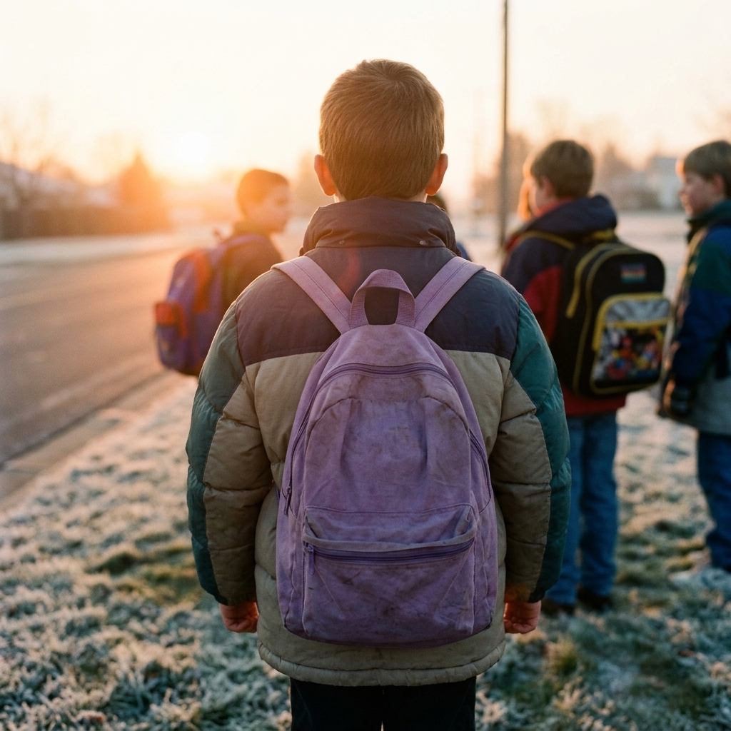 A generic discount-store backpack on a kid waiting at a 90s school bus stop