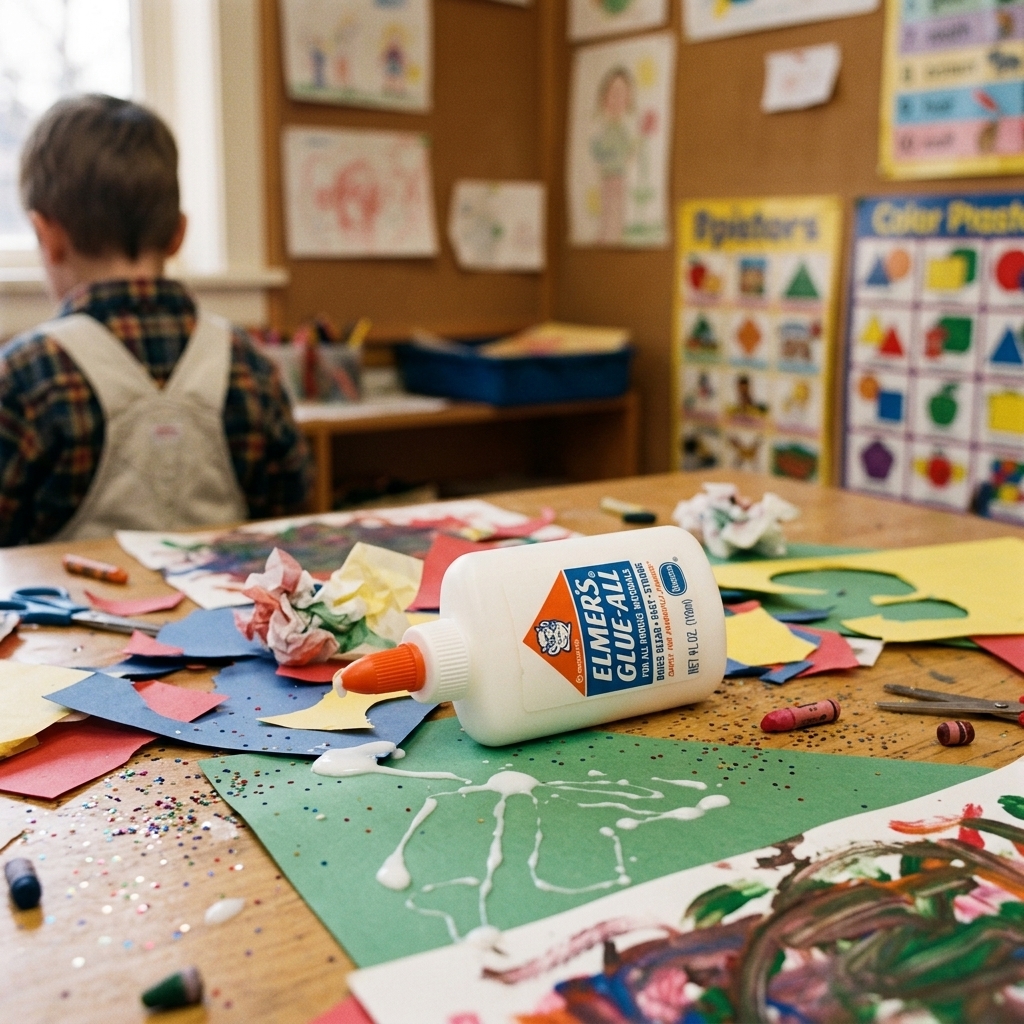 An Elmer's Glue-All bottle with orange snap-cap dribbling onto construction paper