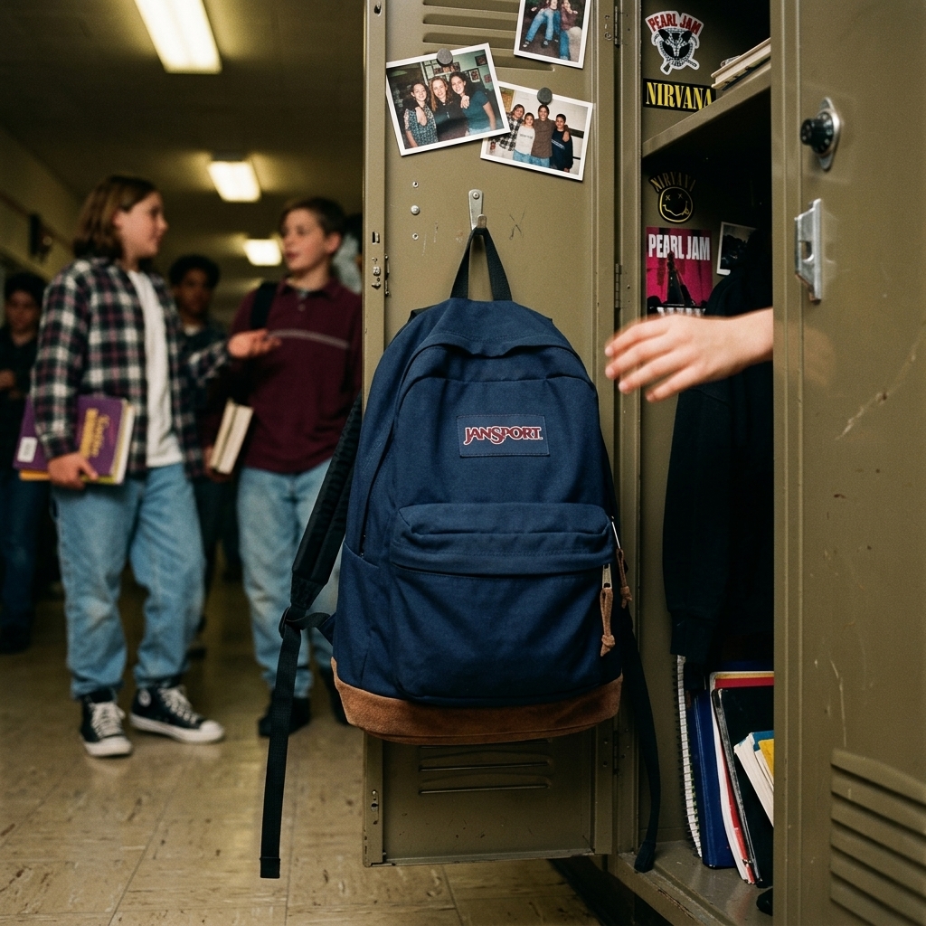 A JanSport SuperBreak backpack hanging on a school locker hook in a 90s hallway