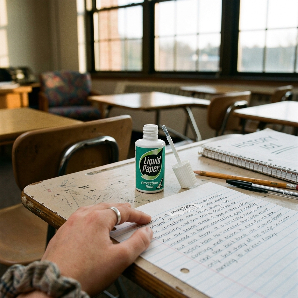 A Liquid Paper correction fluid bottle with the brush painting over a word in an essay