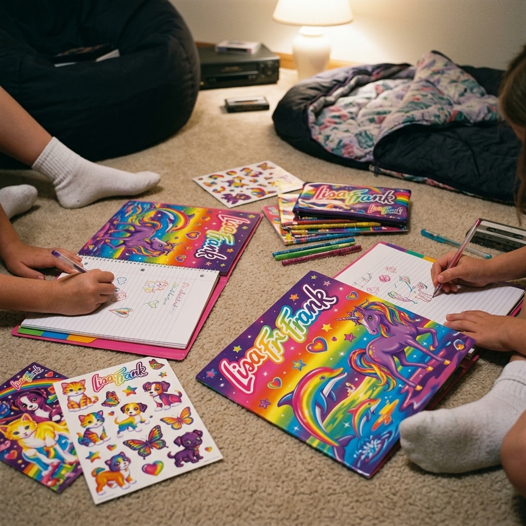 Lisa Frank folders spread across a 90s sleepover bedroom floor with kids doodling