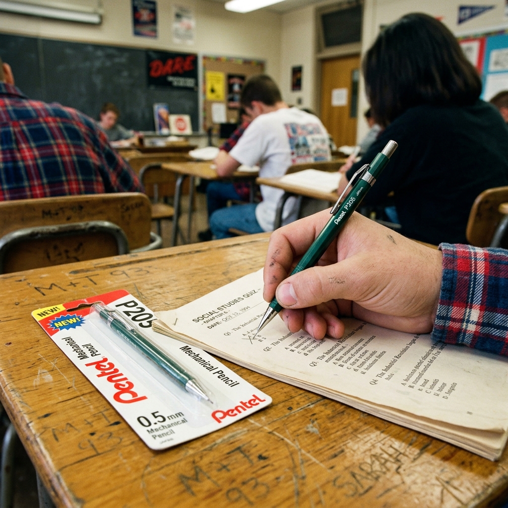 A Pentel P205 mechanical pencil gripped in a kid's hand mid-quiz