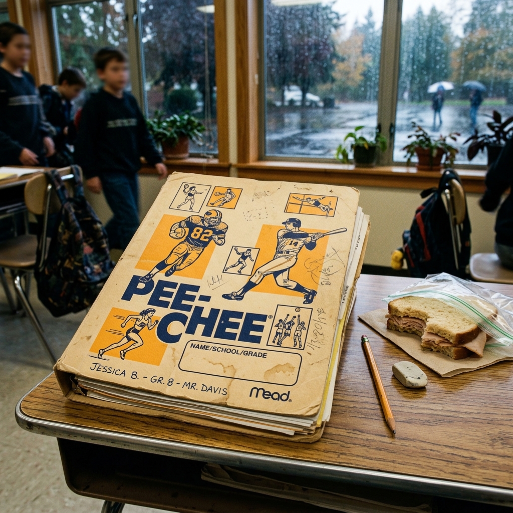 A Pee-Chee folder on a Pacific Northwest classroom desk on a rainy fall morning
