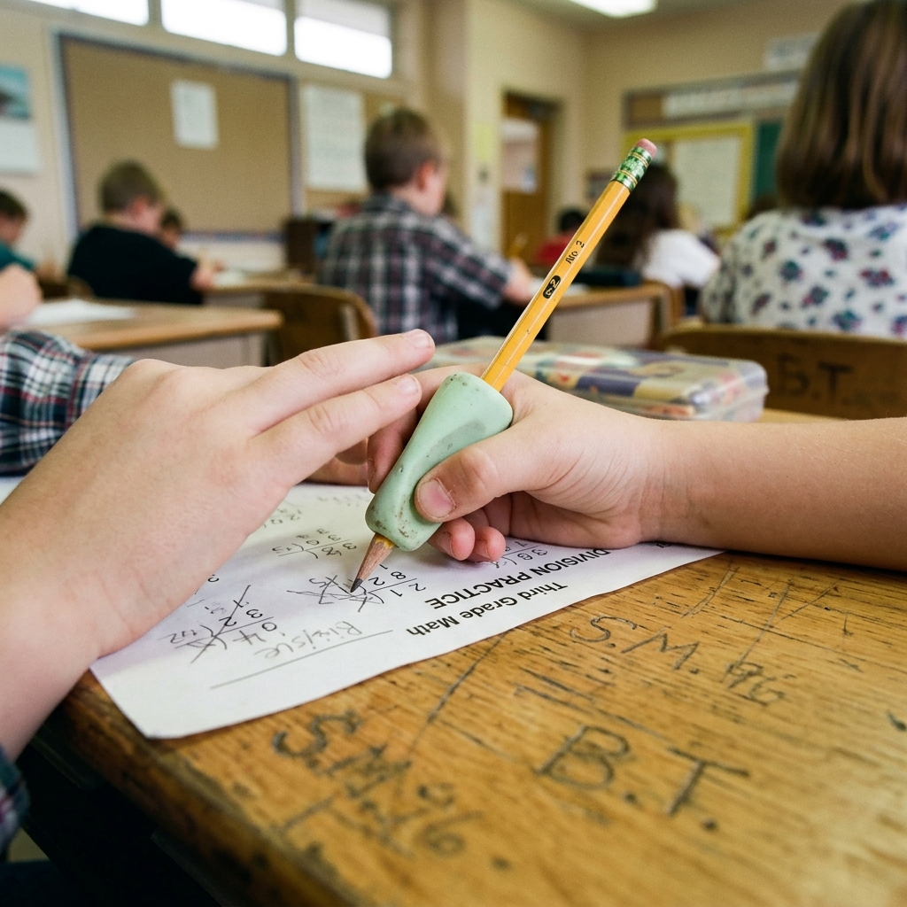 A squishy rubber pencil grip on a no. 2 pencil at a classroom desk