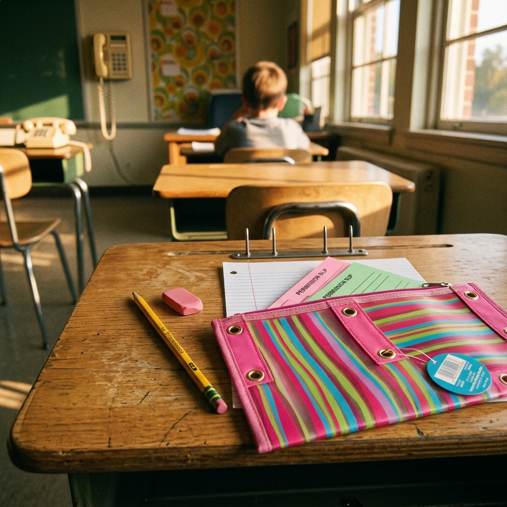 A two-pocket folder with metal prongs on a 90s wooden classroom desk
