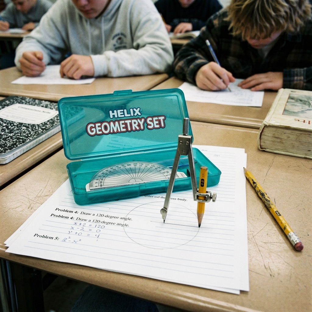 A 90s protractor and compass set open on a geometry classroom desk during a quiz