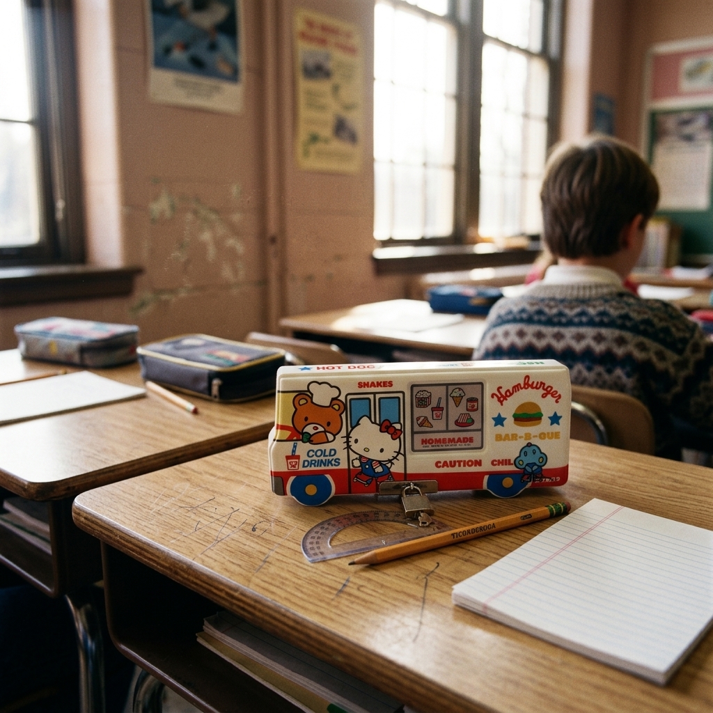 A Hello Kitty Sanrio pencil case on a 5th-grader's classroom desk