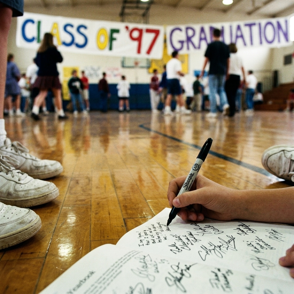 A black Sharpie signing a yearbook page on a gym floor at the end of the school year