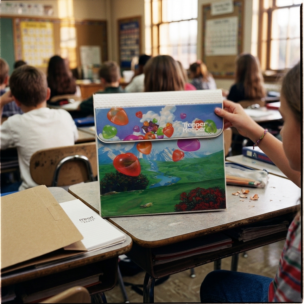 A Trapper Keeper on a 90s classroom desk with the Velcro flap mid-rip