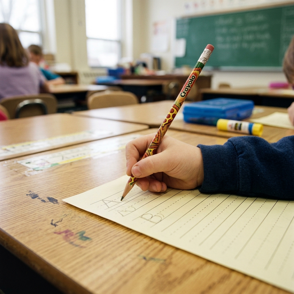 A Crayola Yikes! pencil with the pizza pattern in a kid's hand at a classroom desk