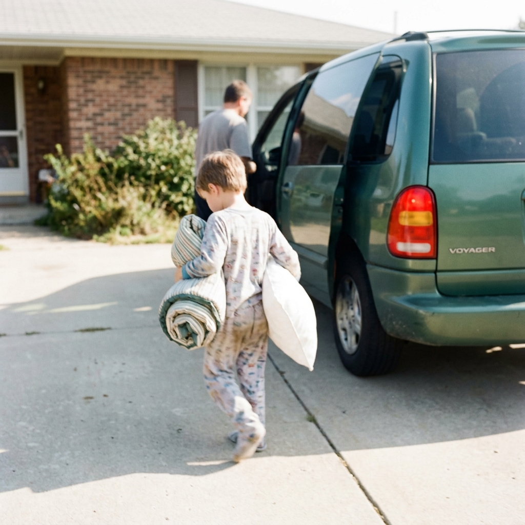 A kid walking down a driveway at 10am with a half-rolled sleeping bag and a pillow, getting into a minivan