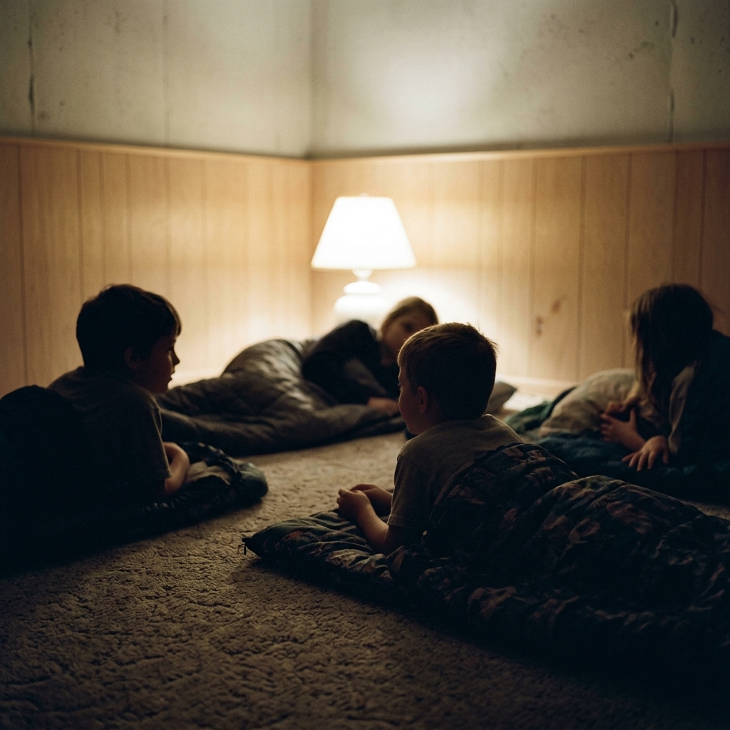 Four kids in sleeping bags on a basement floor in low light, talking, one propped on elbows