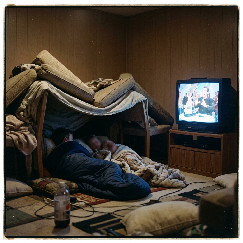 A collapsed couch-cushion fort with kids asleep in sleeping bags, a tube TV glowing with an infomercial